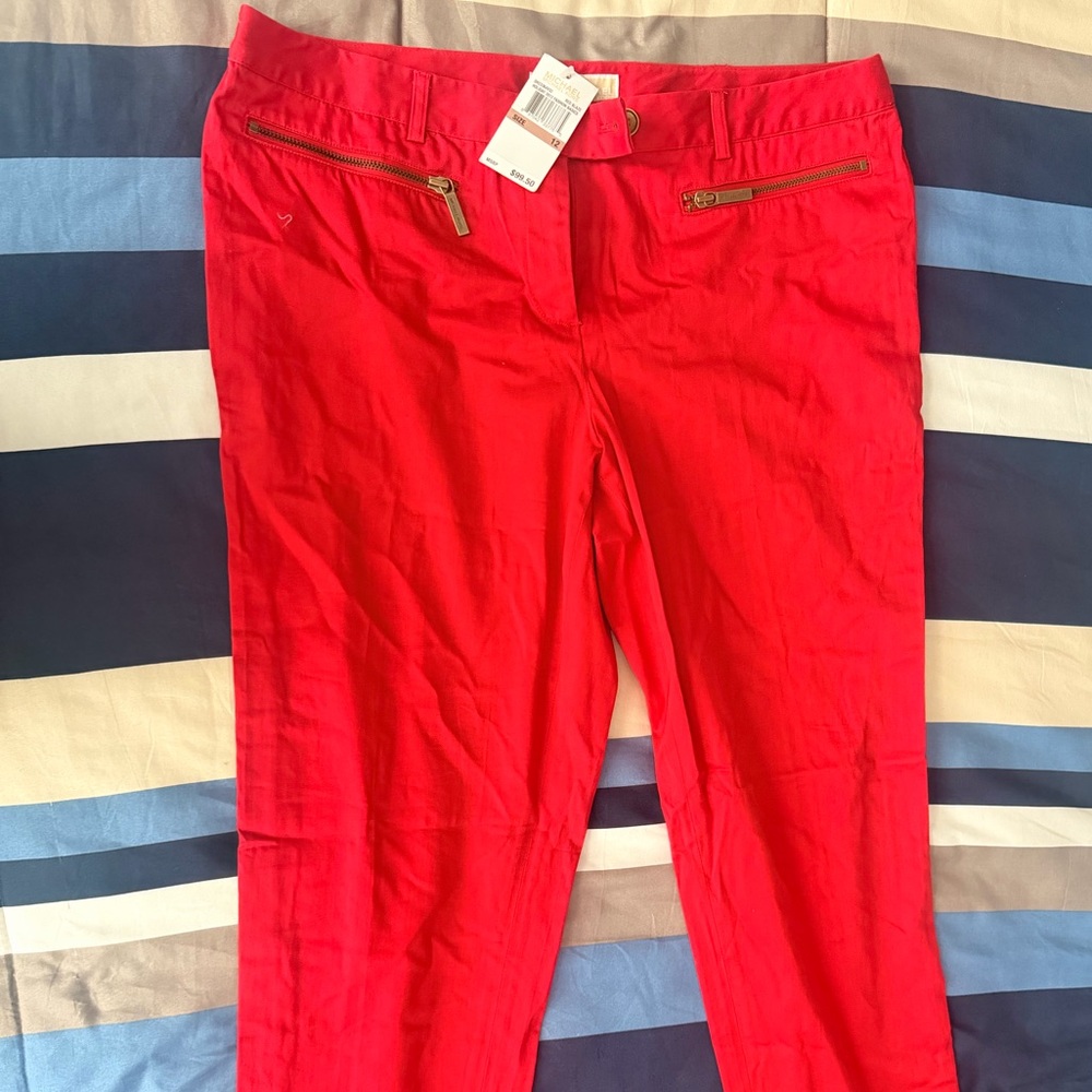 Michael Kors Red Slim Ankle Pants with Gold Zippers